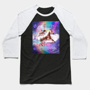 Pug Dog Riding Rainbow Unicorn In Space Baseball T-Shirt